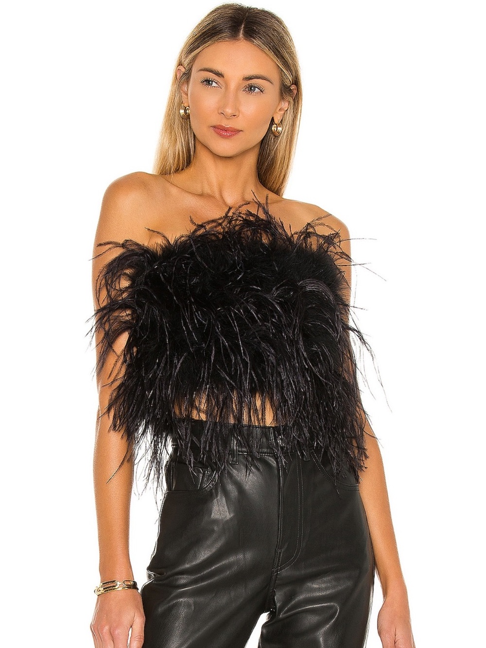 Zaina Lamarque Black Feathered Strapless Crop Top